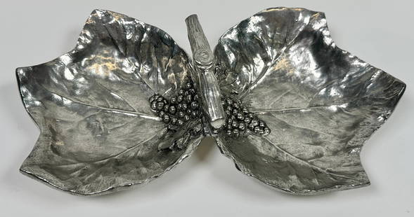 ITALIAN PEWTER NUT DISH: LEAF-FORM BOWLS WITH HANDLED, MARKED. 10"X6"X3"