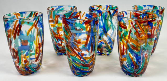 CONFETTI GLASS TUMBLERS: SET OF 6 COLORFUL ART GLASS TUMBLERS. 6"H