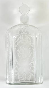 EARLY BOHEMIAN GLASS DECANTER: EARLY PATTERN BLOWN GLASS DECANTER WITH STOPPER. STOPPER WITH CHIPS AT THE END. UNSIGNED. 10"H