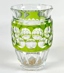 M.F. CADEAUX MOREAU FRERES VASE: GREEN THUMBPRINT DESIGNS, LABELED. 6.5"