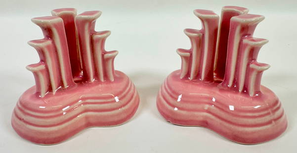 HOMER LAUGHLIN - FIESTA ROSE PYRAMID CANDLESTANDS: PAIR, EXCELLENT. 3.5"X4.5"X4.5"