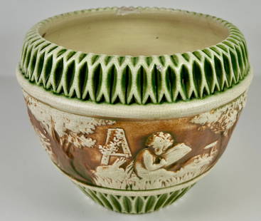 ROSEVILLE POTTERY DONATELLO JARDINIERE: CRACKLE FINISH THROUGHOUT, NO BASE. 9"X12"X12". REQUIRES THIRD PARTY SHIPPING/TRANSPORTATION.