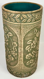 RRP CO. ROSEVILLE - POTTERY BRUSHWARE STAND: UMBRELLA OR CANE STAND, ROBINSON RANSBOTTOM ART POTTERY. FLORAL DESIGNS. SMALL RIM CHIP. 18"H