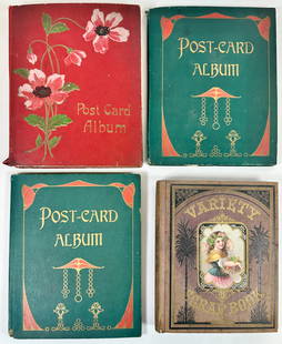 TRADE AND POSTCARD COLLECTION: TRADE CARD ALBUM, 3 POSTCARD ALBUMS. TRADE CARD ALBUM HAS APPROXIMATELY 250 CARDS, PASTED ON PAGES. 3 VINTAGE POSTCARD ALBUMS CONTAINING APPROXIMATELY 275 LOSELY MOUNTED CARDS. TRAVEL, CONEY ISLAND, H
