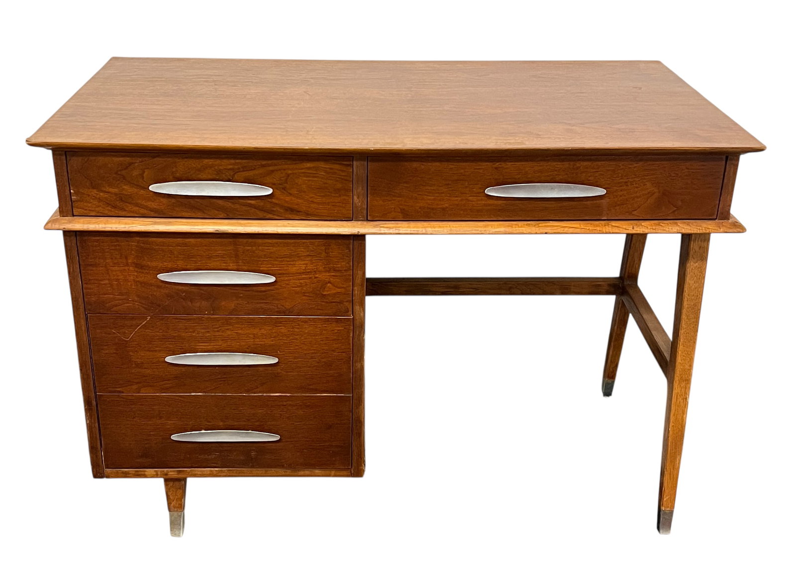 MCM SLIGH-LOWRY DESK: SLIGH-LOWER STUDENT'S DESK, 4 DRAWER. SCATTERED STAINING AND VENEER LOSS. 44"W, 24"D, 30"H.