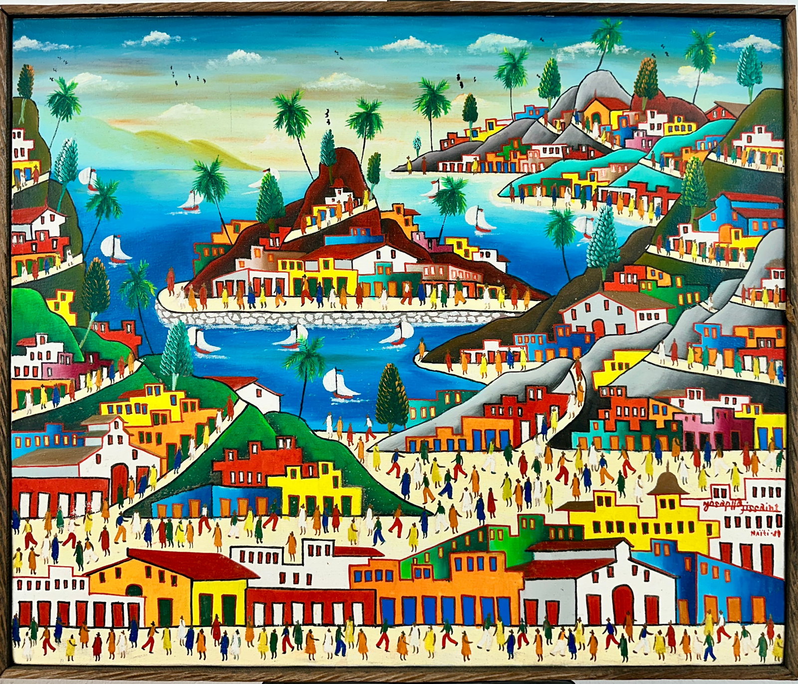 JOSEPHAT TISSAINT HAITIAN VILLAGE PAINTING: JOSEPHAT TISSAINT (HAITI, 20TH C.) OIL ON CANVAS HAITIAN VILLAGE PAINTING. SIGNED LOWER RIGHT, 1981. FRAMED, OVERALL 21"X25". REQUIRES THIRD PARTY SHIPPING.