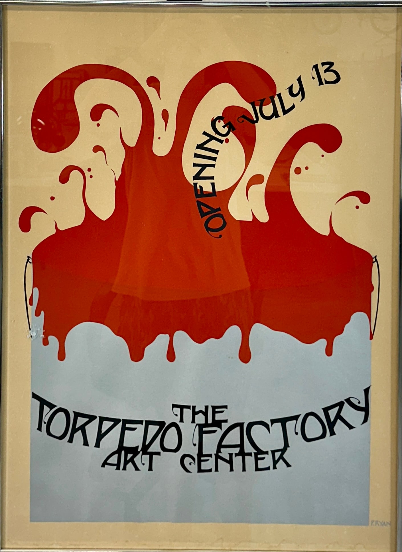 TORPEDO FACTORY ART CENTER POSTER: OPENING OF THE TORPEDO FACTORY ART CENTER, ALEXANDRIA, VIRGINIA. ILLUSTRATION BY P. RYAN. AREAS OF STAINING IN LOWER MARGIN. FRAMED, 22"X30". REQUIRES THIRD PARTY SHIPPING.