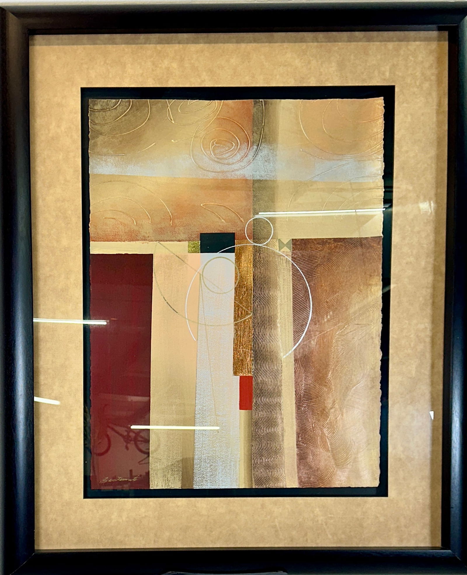 JOSE LUIS BUSTAMANTE MIXED MEDIA PAINTING: ABSTRACT DOUBLE PORTRAIT OF DANCERS BY JOSE LUIS BUSTAMANTE (MEXICO, CONTEMPORARY). MIXED MEDIA ON HAND-MADE PAPER. FRAMED, 36"X47"
