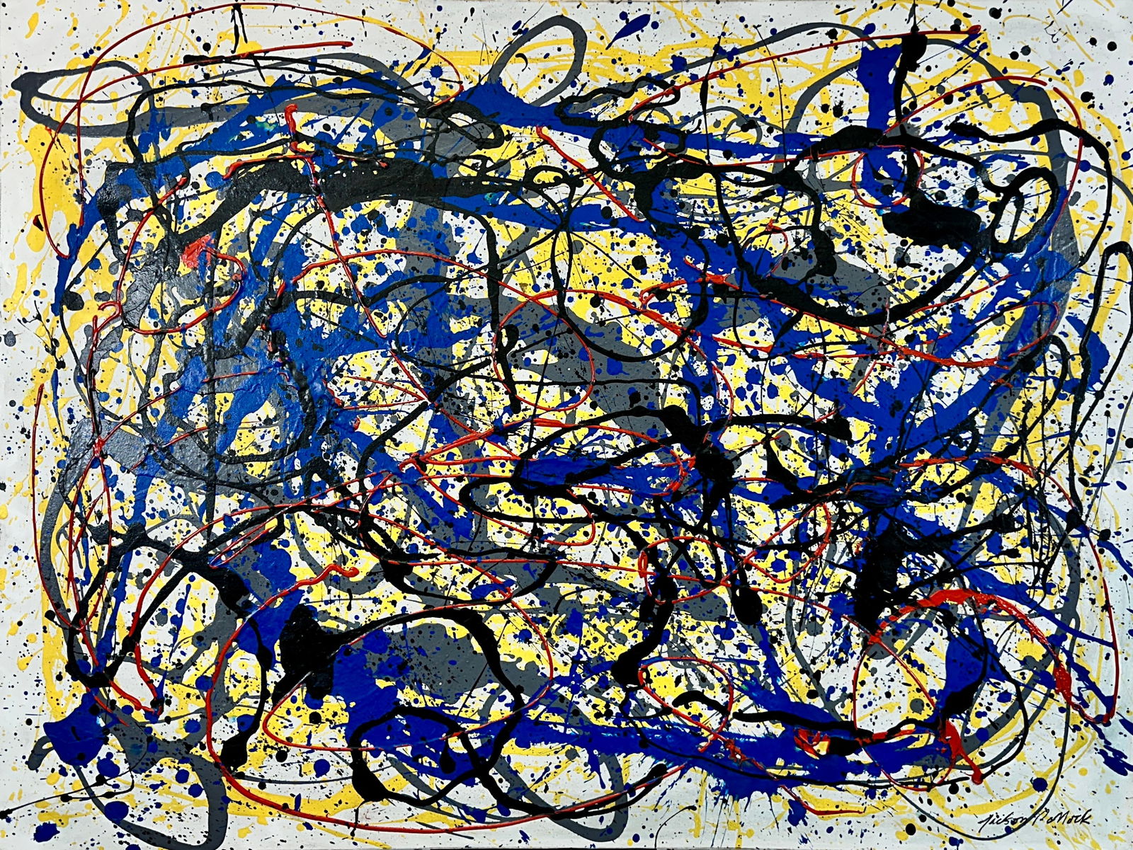 AFTER JACKSON POLLOCK ABSTRACT PAINTING: OIL ON CANVAS DRIP-STYLE PAINTING IN THE MANNER OF JACKSON POLLOCK. SIGNED IN TRIBUTE TO THE ARTIST. UNFRAMED. 36"X48"