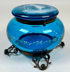 ANTIQUE BLUE GLASS TRINKET DRESSER BOX