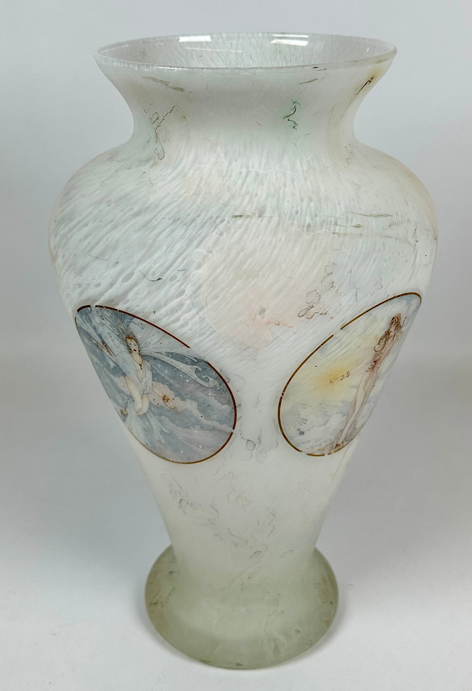 ARTE MURANO - ITALY VASE: HAVING FOUR PORTRAIT PANELS OF ART NOUVEAU WOMAN. UNSIGNED, LABELED. 13". REQUIRES THIRD PARTY SHIPPING.