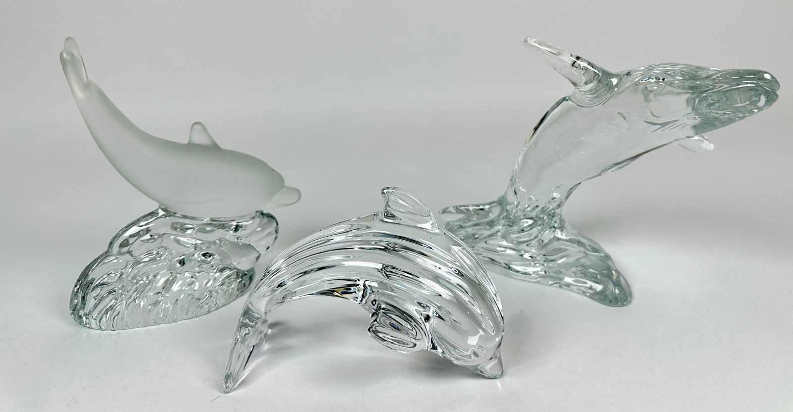 WATERFORD CRYSTAL ART GLASS DOLPHINS: SIGNED. TALLEST 8.5"