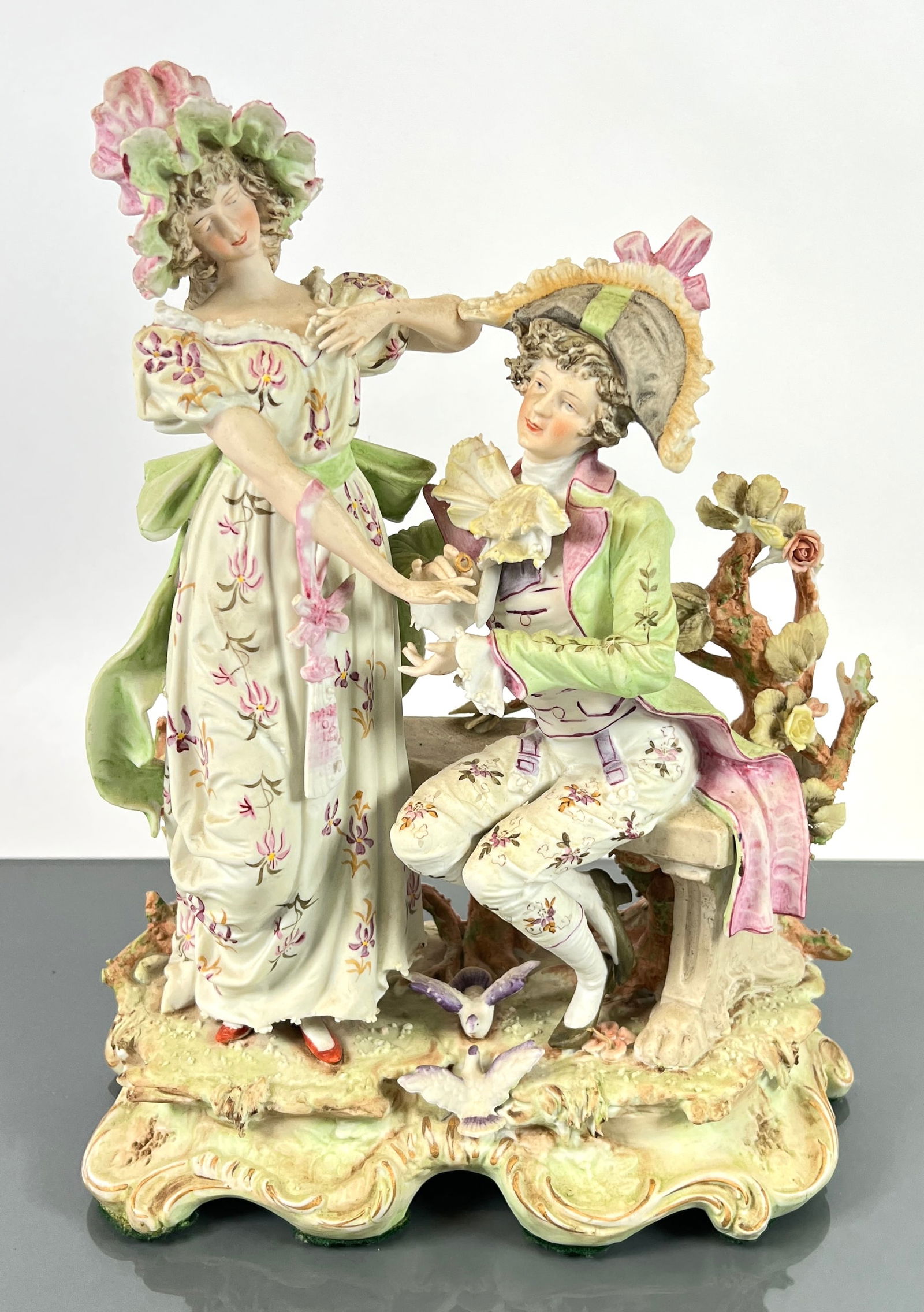 ARNART PORCELAIN BISQUE FIGRINE: LARGE COURTING SCENE, ARNART CROSSED ARROWS #6735 MARK. GOOD CONDITION, COULD USE A CLEANING. 12"H. REQUIRES THIRD PARTY SHIPPING.