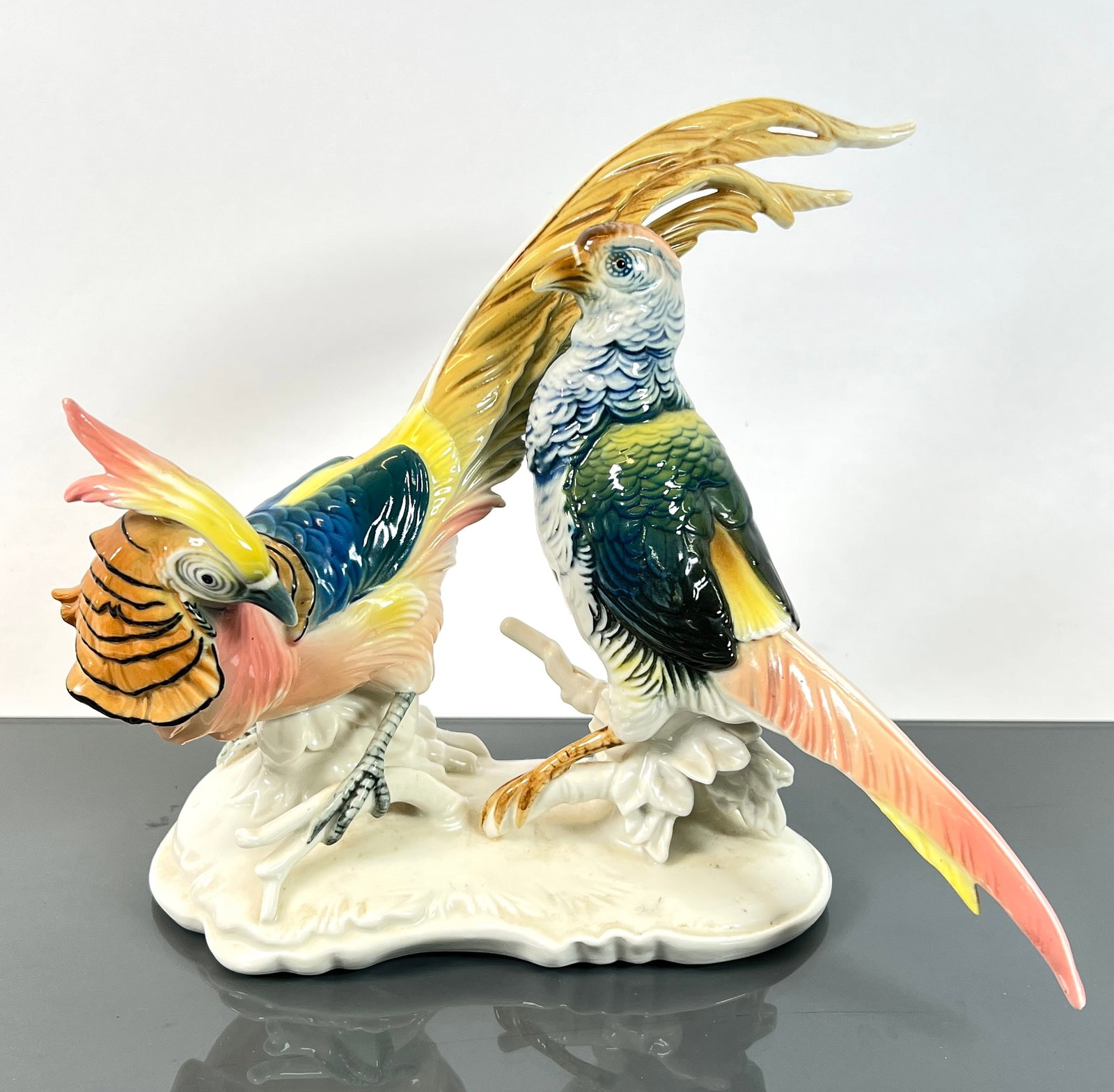KARL ENS. FIGURAL PHEASANTS: KARL ENS, GERMANY, PORCELAIN PHEASANT FIGURE. SIGNED, #6837. REQUIRES THIRD PARTY SHIPPING. 9 X 9 X 12"