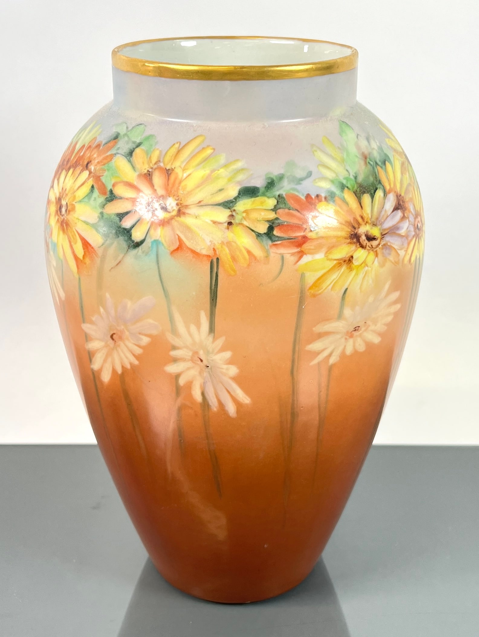 B&C LIMOGES - FRANCE PORCELAIN VASE: SUNFLOWER WITH STEMS MOTIF, EXCELLENT. MARKED. 12". REQUIRES THIRD PARTY SHIPPING.