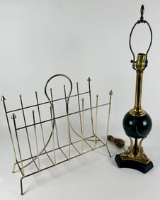 BRASS MAGAZINE STAND WITH TABLE LAMP
