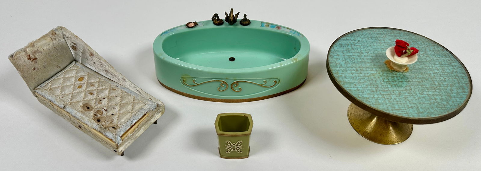 PETITE PRINCESS DOLLHOUSE FURNISHINGS: MADE IN JAPAN, ONE YEAR ONLY, 1964. TABLE, CHAISE, WASTEBASKET AND BATHTUB.