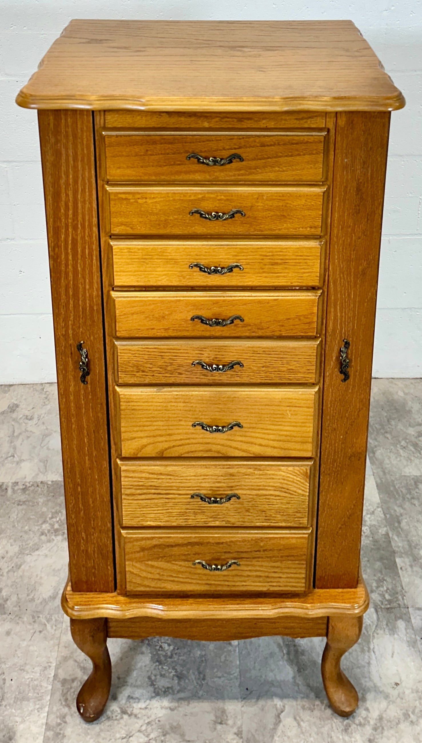 CONTEMPORARY JEWELRY CABINET: 9 DRAWERS, FLIP TOP WITH MIRROR AND FOLD-OUT DOORS. CLOSED 18"X16"X41"