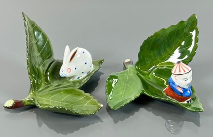 HEREND RABBIT AN MANDARIN MAN ON LEAF - PAIR