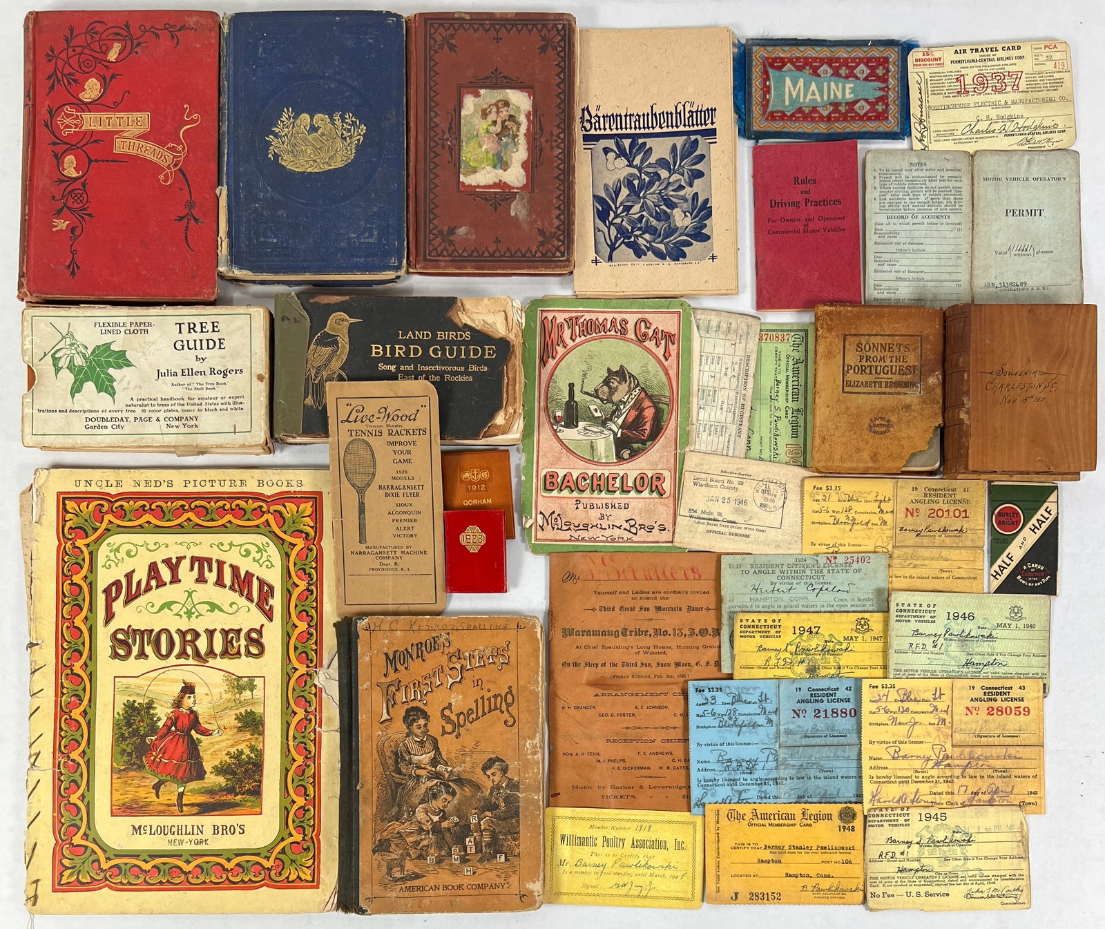 EPHEMERA DISCOVERY LOT: INCLUDES CHILDREN'S BOOKS, MEMBERSHIP CARDS AND MORE. NORTHEAST UNITED STATES AREA.