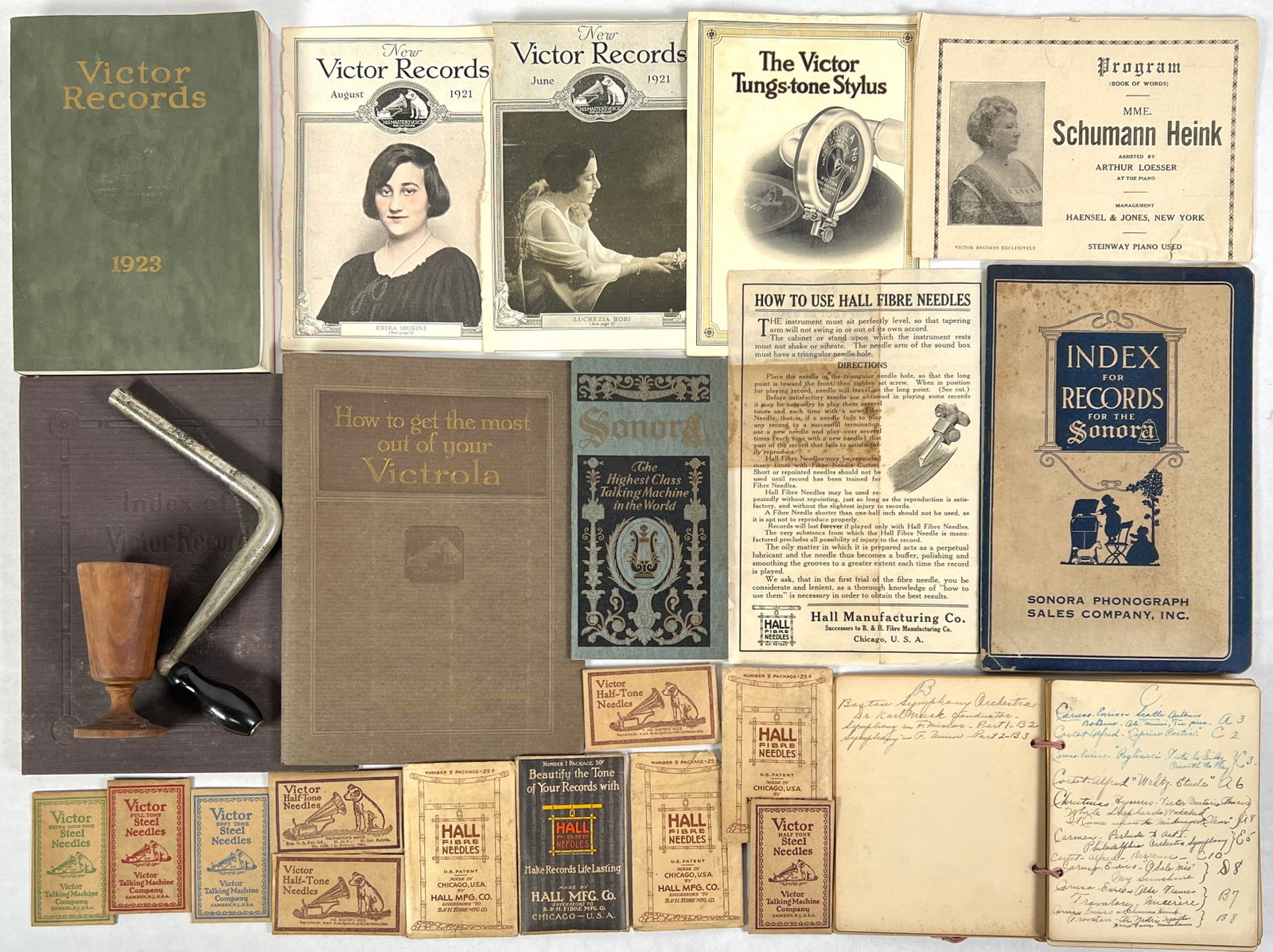 VICTROLA AND MUSIC ITEMS: NEEDLES, CRANK, CATALOGS AND MORE.