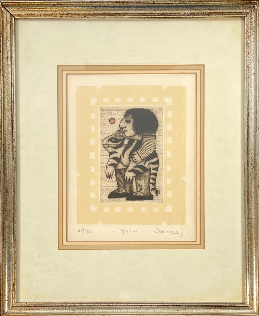 CAROL JABLONSKY - TYGER: CAROL JABLONSKY (AMERICAN, 1939-1992) EMBOSSED DRYPOINT. SIGNED AND NUMBERED 35/150. FRAMED, 19"X16"