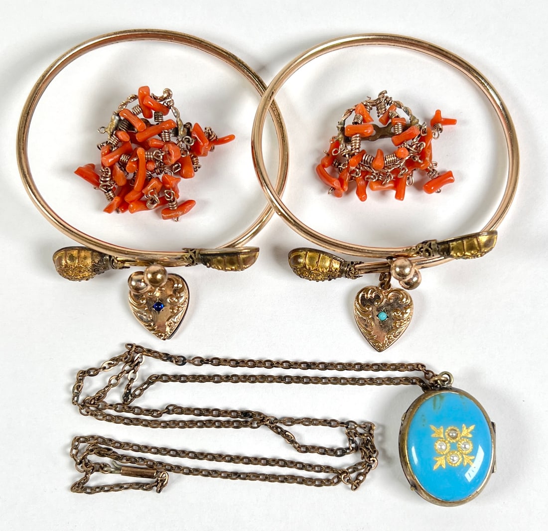 VICTORIAN GOLD FILLED JEWELRY COLLECTION: PAIR OF COILED BRACELTS, CORAL, LOCKET.