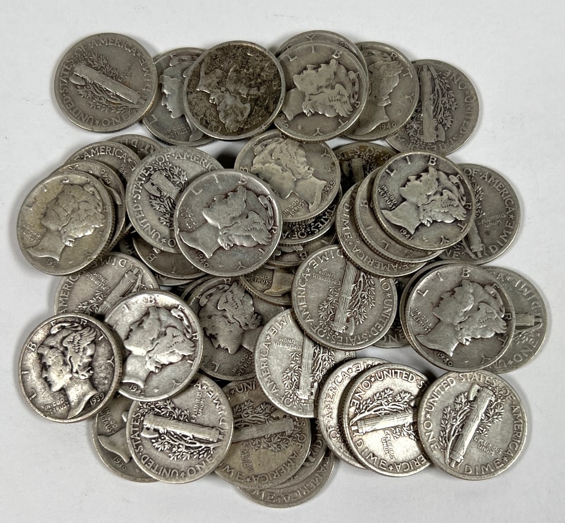 ROLL OF 50 SILVER MERCURY DIMES: 90% SILVER. CIRCULATED