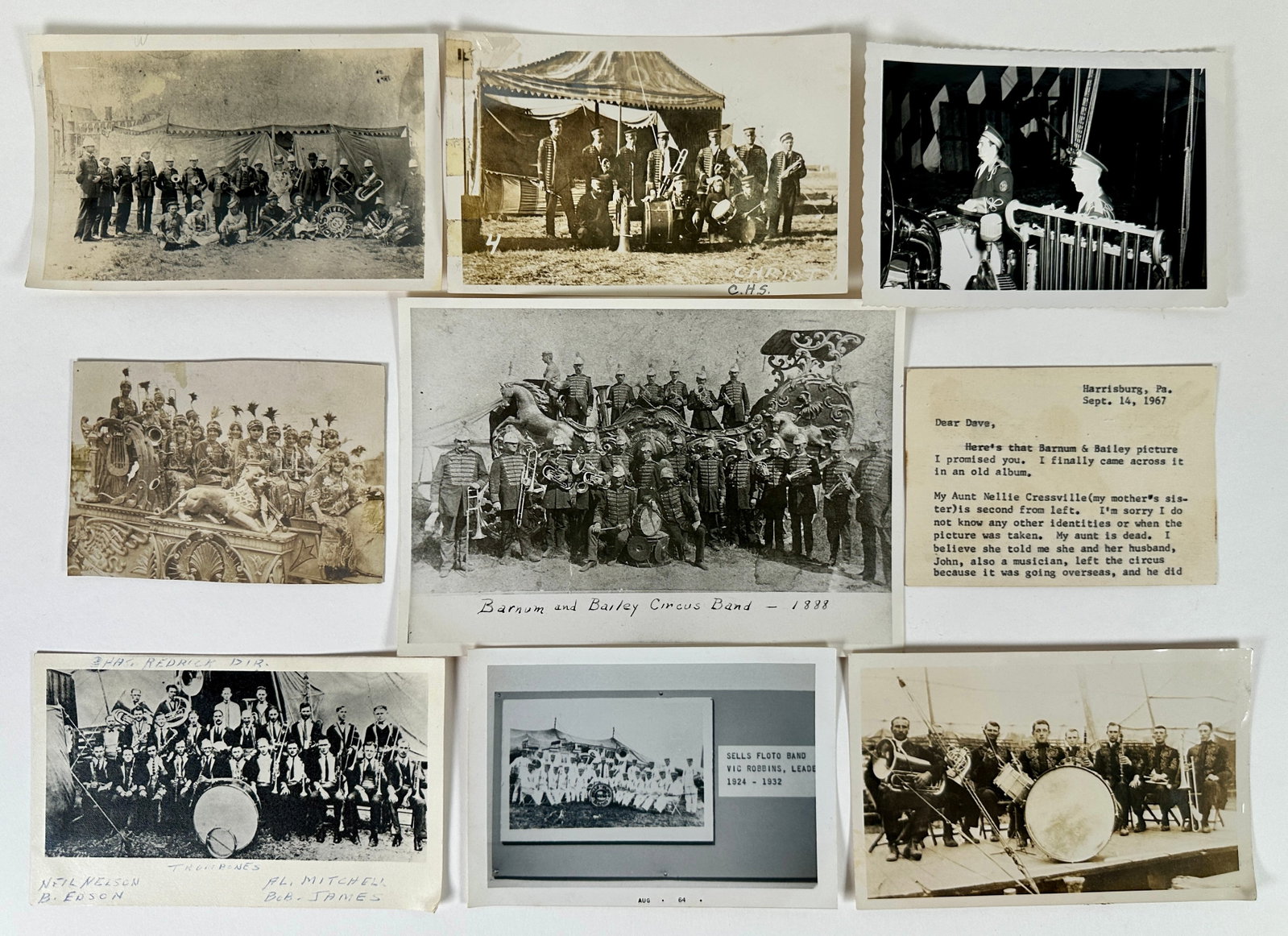 COLLECTION OF CIRCUS BAND PHOTOGRAPHS: SERIES OF CIRCUS BAND, MUSICIAN PHOTOGRAPHS. ORIGINAL AND RETRIKE VARIETIES IN APPROXIMATE SIZE 4"X6"