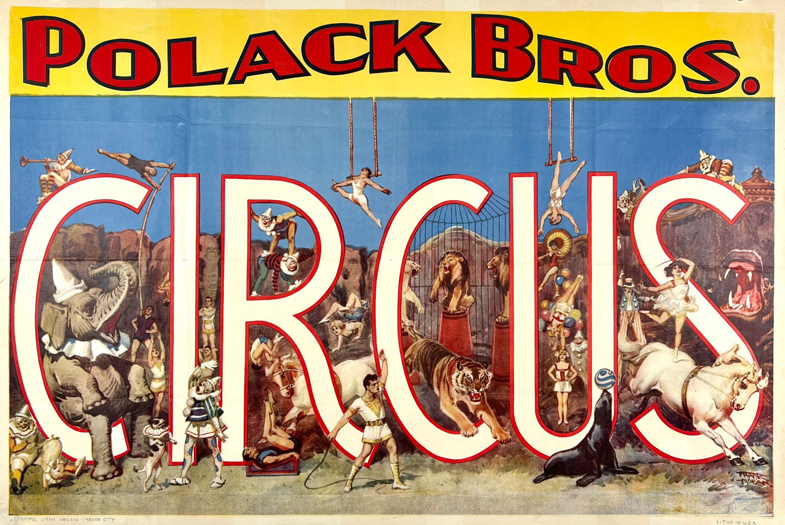 POLACK BROS. CIRCUS POSTER: AUTHENTIC, ORIGINAL POLACK BROS. CIRCUS POSTER. ONE SHEET, TEMPLE LITHO, 1950'S. UNMOUNTED, FOLDS AS ISSUED. 28"X42"