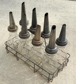 VINTAGE OIL BOTTLES WITH CADDY