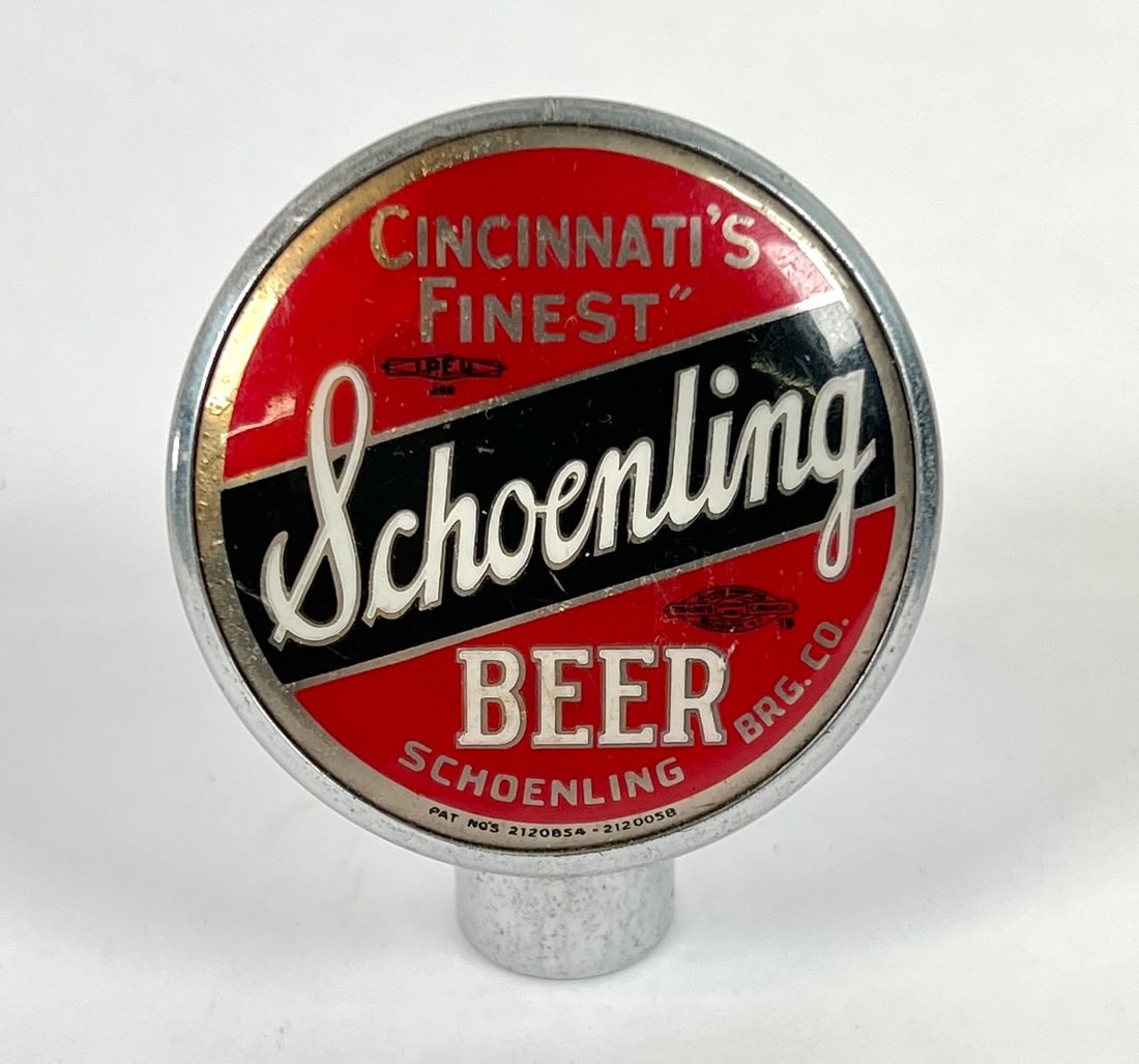 SCHOENLING CINCINATTI'S FINEST BEER TAP: CHROME WITH LOG TAP, AMERICAN EMBLEM CO., N.Y., C.1950'S. MINOR WEAR CONSISTENT WITH USE, LOGO REMAINS BRIGHT. 2.75"H