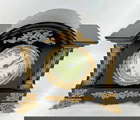 ANSONIA VENDOME MANTEL CLOCK: GILT DECORATED WITH METAL CASE, ANSONIA MANTEL CLOCK. WORKING AT TIME OF SALE. NOT WARRANTED. 11"X13"X6"