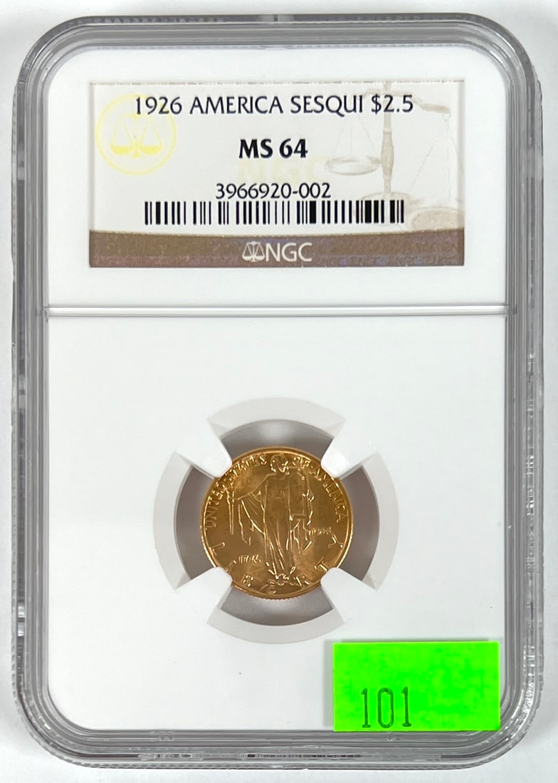 1926 AMERICA SESQUI $2.5 GOLD COMMEMORATIVE: U.S. CLASSIC GOLD COMMEMORATIVE, MS64 BY NGC.