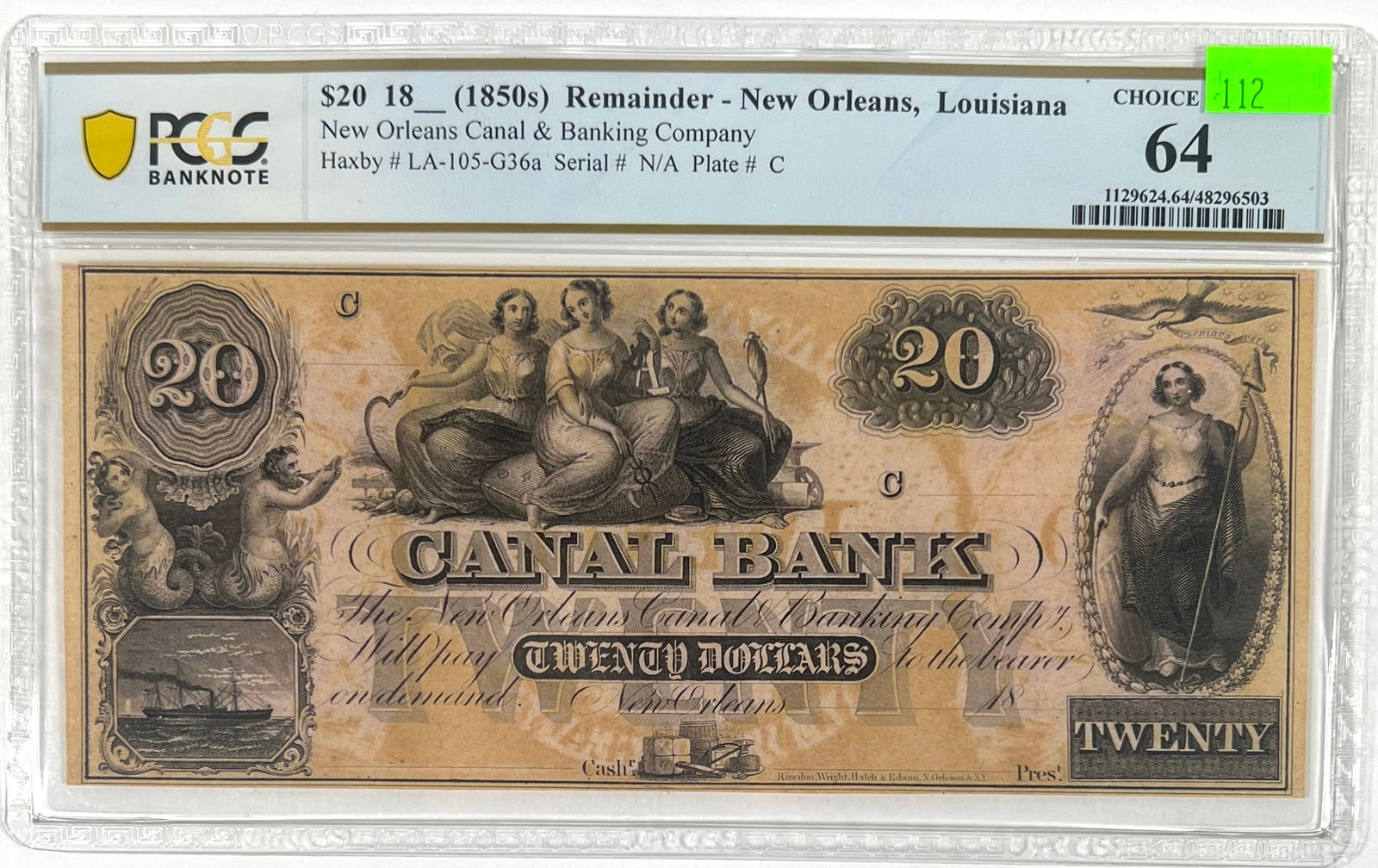 1850'S CANAL BANK OBSOLETE NOTE (1 of 2)