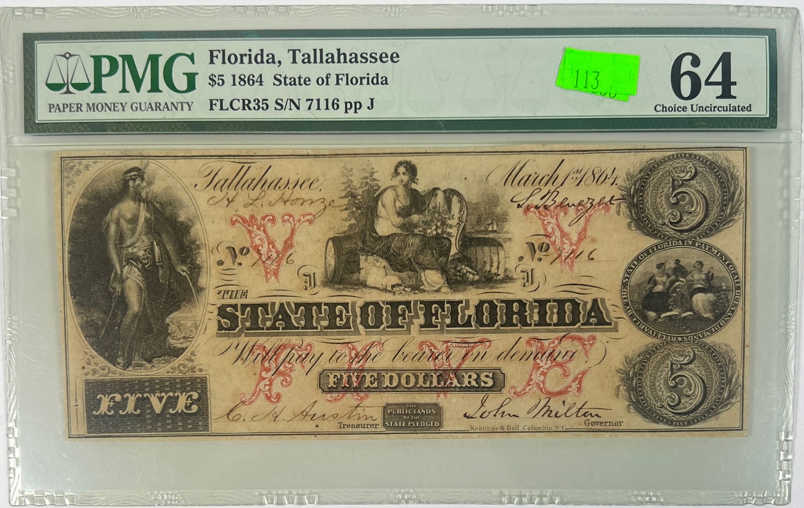 1864 STATE OF FLORIDA $5 NOTE (1 of 1)