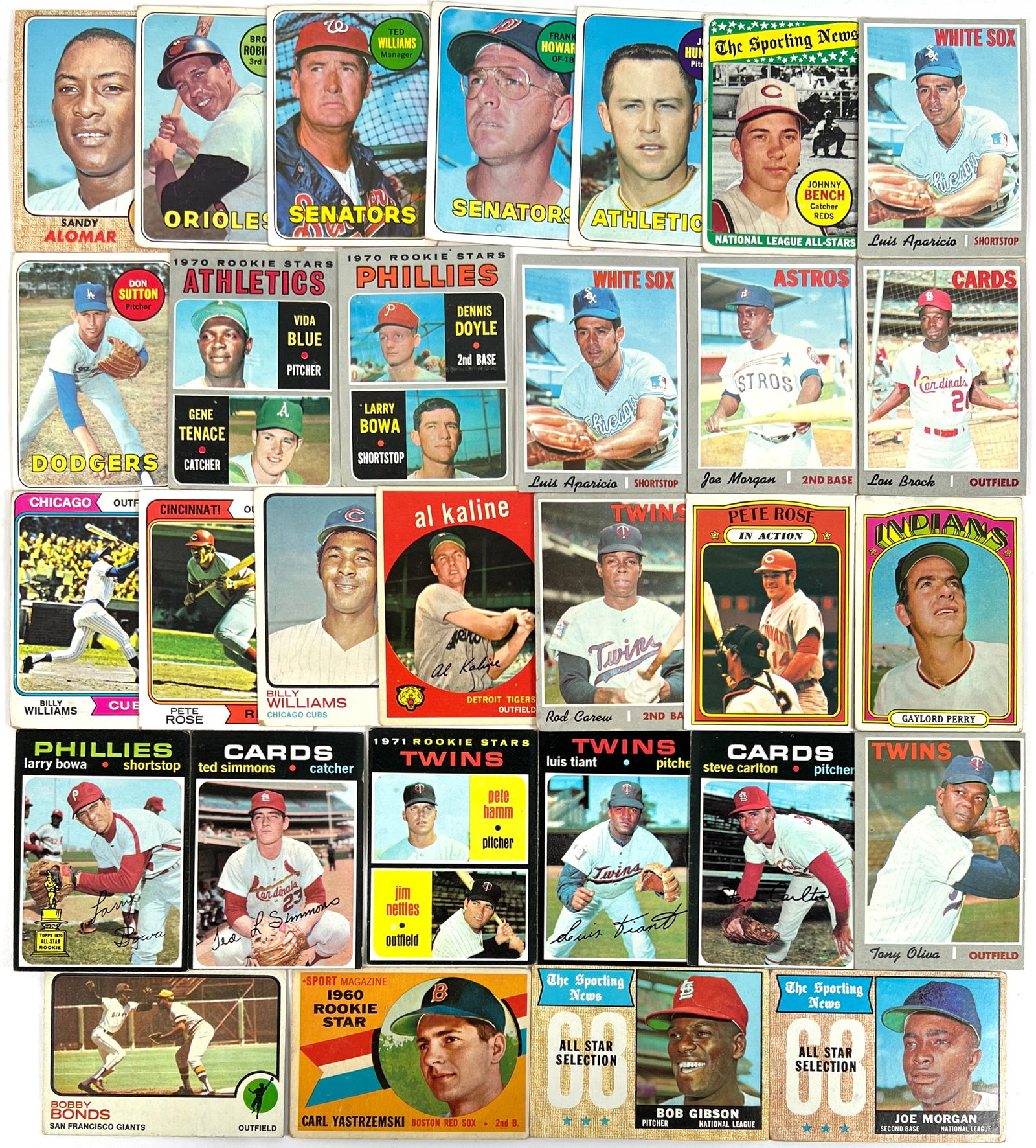 ESTATE COLLECTION OF BASEBALL CARDS: NICE COLLECTION OF CARDS INCLUDING STARS, ROOKIES AND HALL OF FAMERS. 1960 TOPPS YASTRZEMSKI ROOKIE CARD. 1958T KALINE. 1968T ALL-STARS: MORGAN, SANTO, CAREW, CEPEDA, GIBSON. 1969T: B. ROBINSON, T. WI