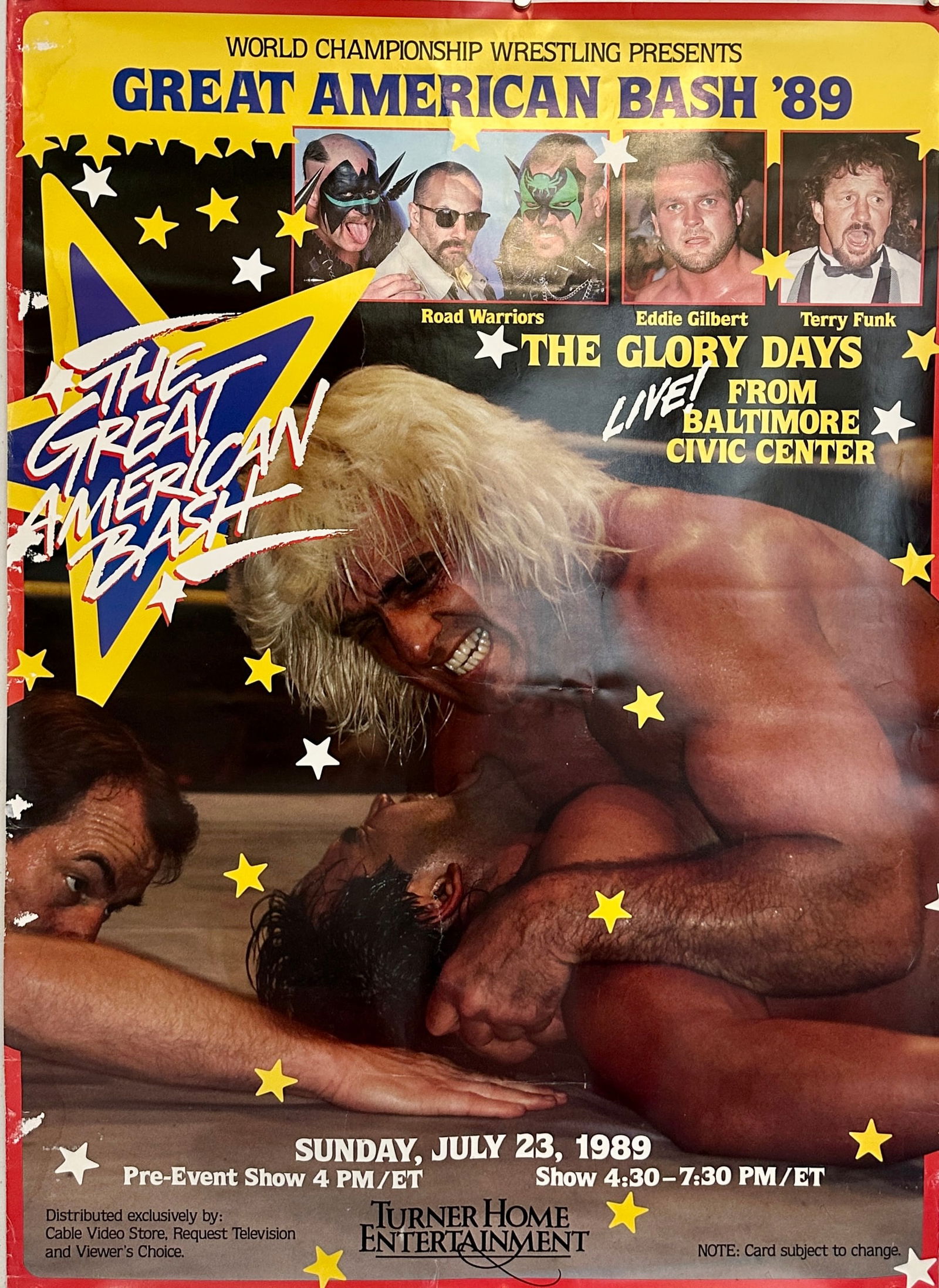 WRESTLING - WCW GREAT AMERICAN BASH 1989: VINTAGE WORLD CHAMPIONSHIP WRESTLING HALF SHEET POSTER FOR THE GREAT AMERICAN BASH, 1989, FEATURING RIC FLAIR, ROAD WARRIORS, EDDIE GILBERT, TERRY FUNK. UNMOUNTED, GOOD WITH MINOR EDGE WEAR. 24"X33"