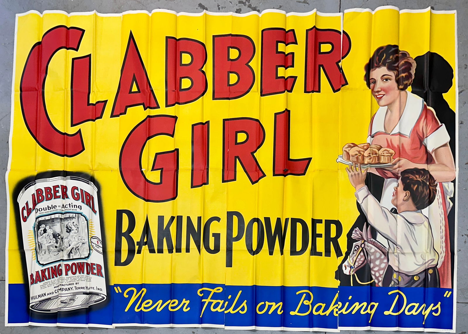 BILLBOARD POSTER - CLABBER GIRL BAKING POWDER: NEW OLD STOCK WITH MINOR SHELF WEAR. BARN-SIZED POSTER, APPROX. 16 SHEET. UNMOUNTED WITH FOLDS AS ISSUED. 150"X104"