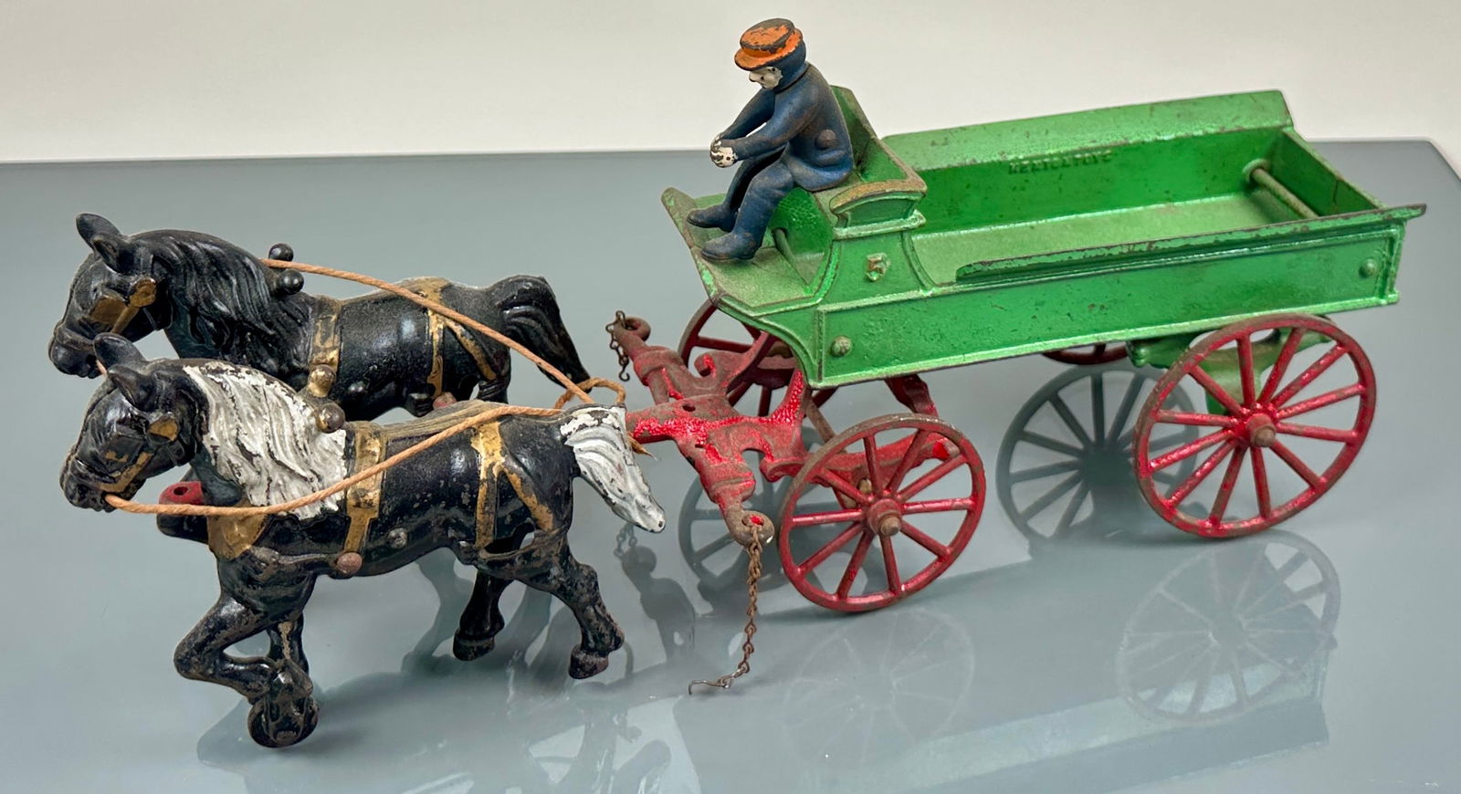VINTAGE CAST IRON HORSE-DRAWN WAGON TOY: ORIGINAL WITH LIGHT PLAY WEAR. 15"X4"X7"