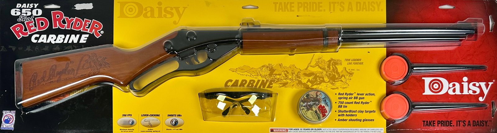 RED RYDER CARBINE DAISY 650 SHOT BB GUN: IN ORIGINAL UNOPENED PACKAGING. 11"X41"X3"