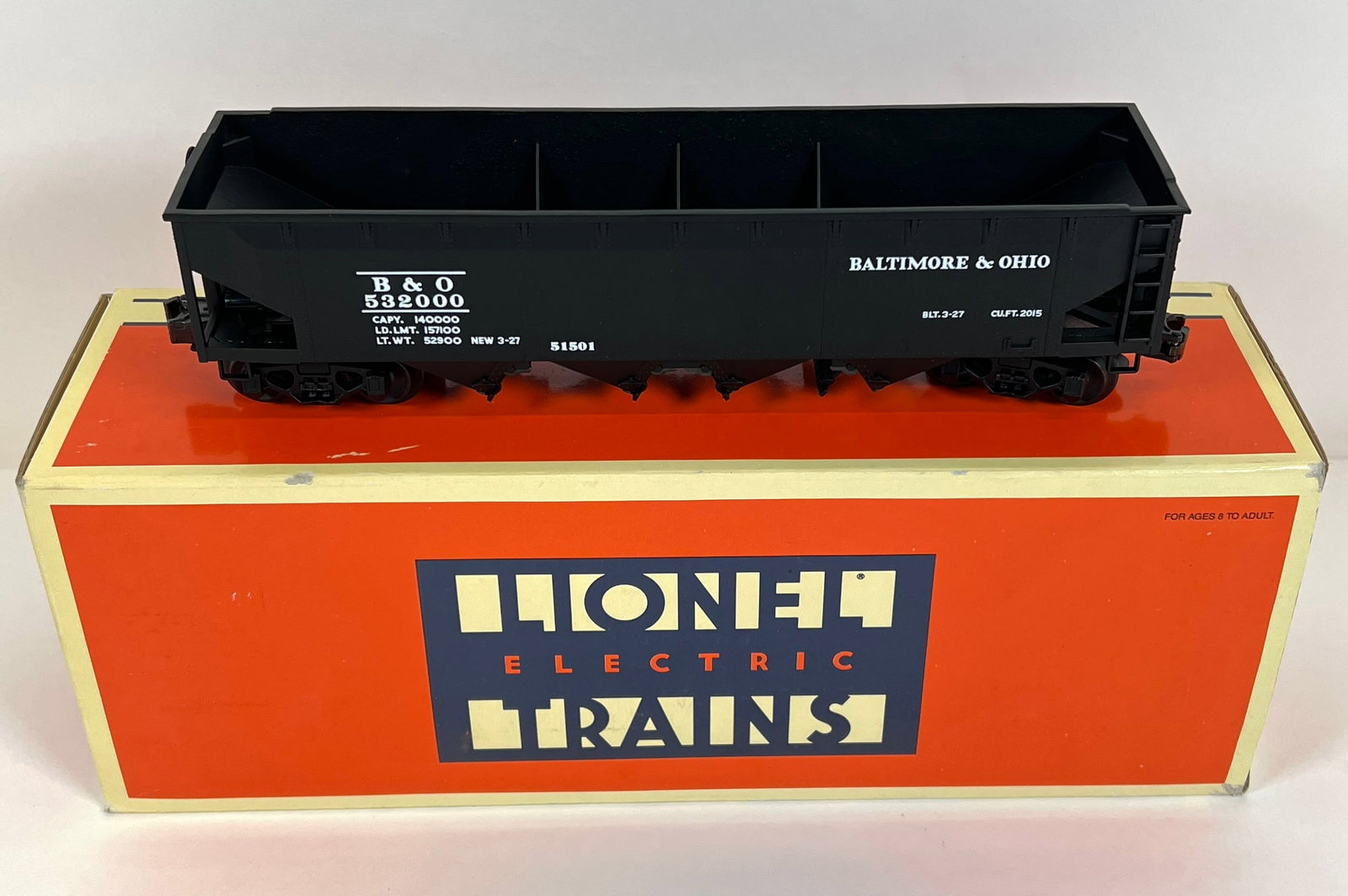 LIONEL ELECTRIC TRAINS - 6-51501 BALTIMORE OHIO HOPPER CAR: BALTIMORE AND OHIO HOPPER CAR. AS NEW IN ORIGINAL BOX. CARTON IS 5"X5"X14"