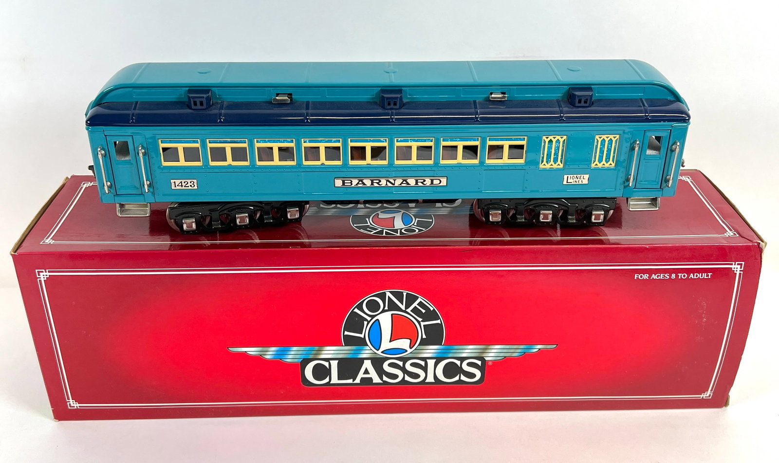 LIONEL ELECTRIC TRAINS - 6-13425 BARNARD PASSENGER CAR: LIONEL CLASSICS SERIES 1423. AS NEW IN ORIGINAL BOX. CARTON 23"X7"X5".