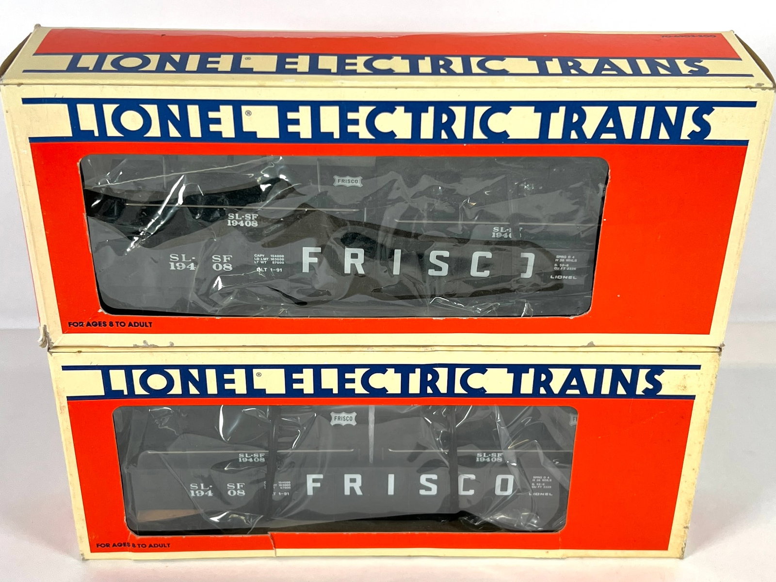 LIONEL ELECTRIC TRAINS - 6-19408 FRISCO COIL GONDOLA: PAIR OF FRISCO COIL GONDOLA. AS NEW IN ORIGINAL BOXES. CARTON TOTAL 5"X6"X12"