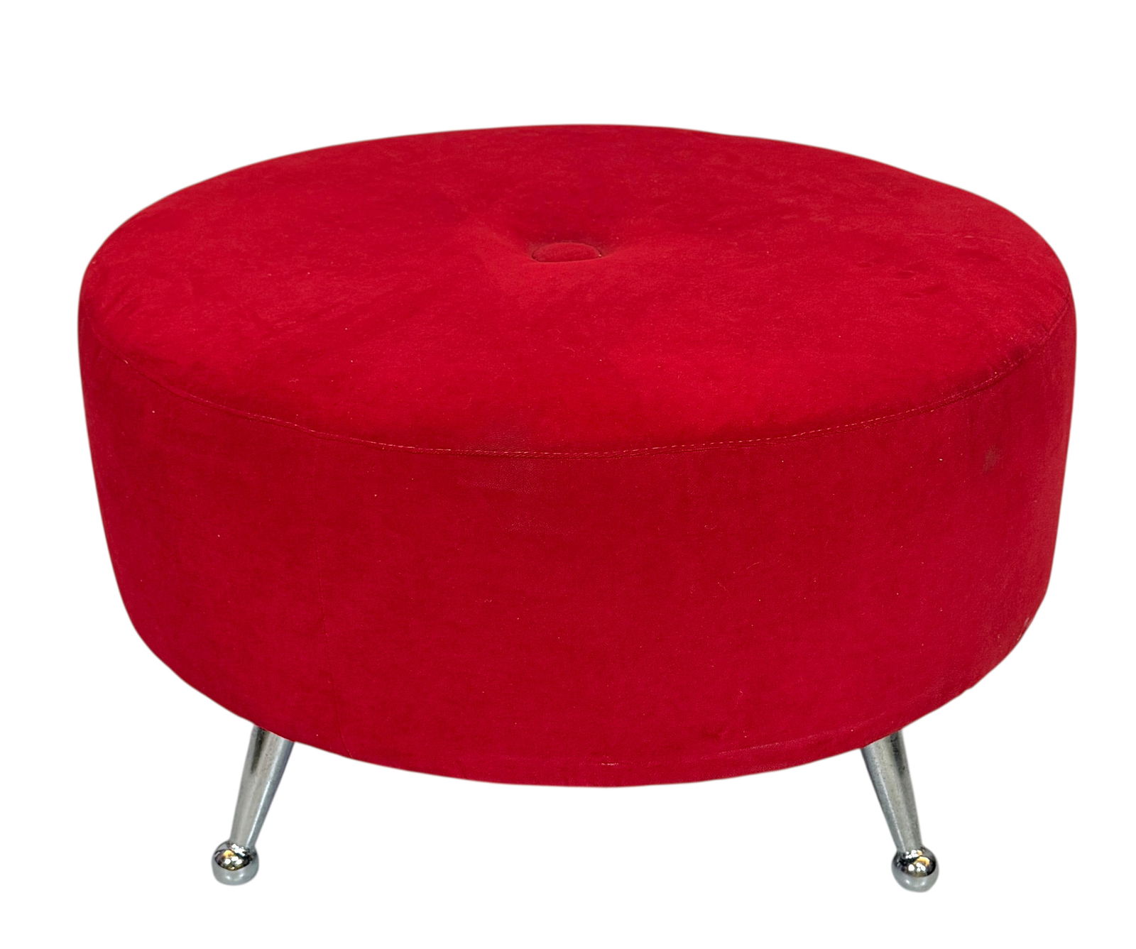 THAYER COGGIN COFFEE TABLE OTTOMAN: RED UPHOLSTERY WITH CHROME BALL FEET/LEGS. LABELED. MINOR PITTING TO CHROME, MINOR WEAR, OVERALL VERY GOOD. 29"X29"X17"