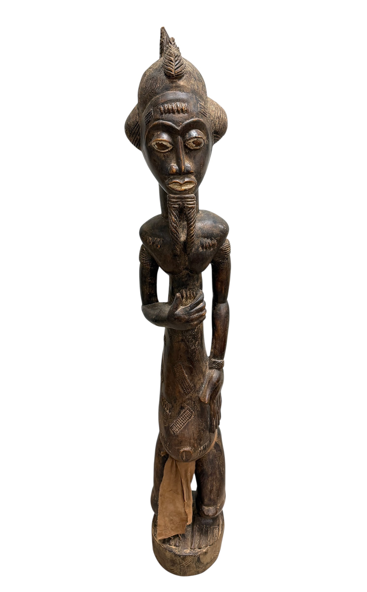 AFRICAN BAULE TRIBAL STATUE: IVORY COAST AFRICAN TRIBAL BLOLO BIAN CARVING. FINELY DETAILED. 47"H