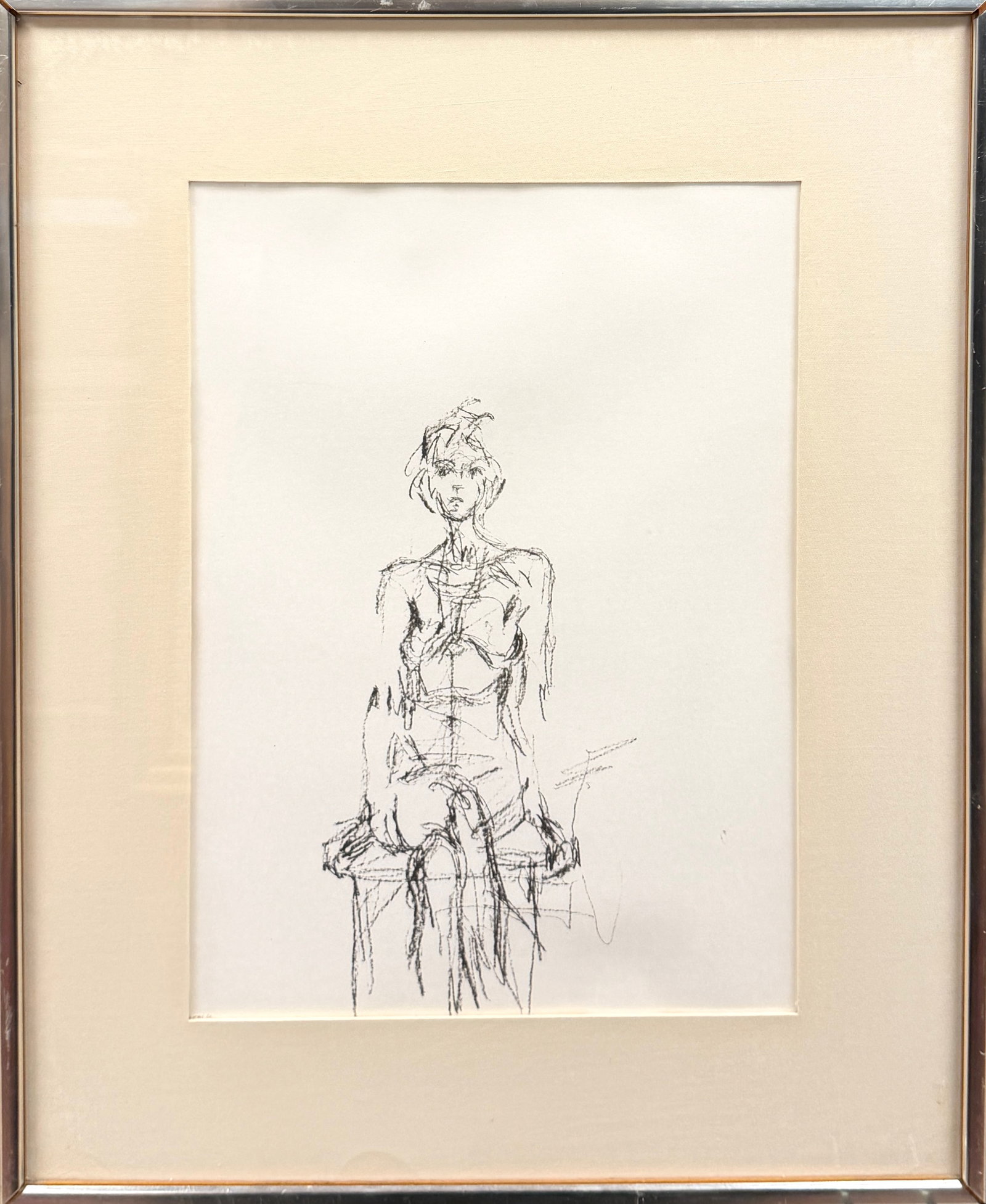AFTER ALBERTO GIACOMETTI LITHOGRAPH: AFTER ALBERTO GIACOMETTI (SWISS, 1901-1961), SEATED NUDE. PUBLISHED BY MAEGHT ATELIER, PARIS FOR DERRIERE LE MIRIOR. UNSIGNED. PROVENANCE: LUMLEY CAZALET LTD., LONDON. FRAMED, 17"X21"