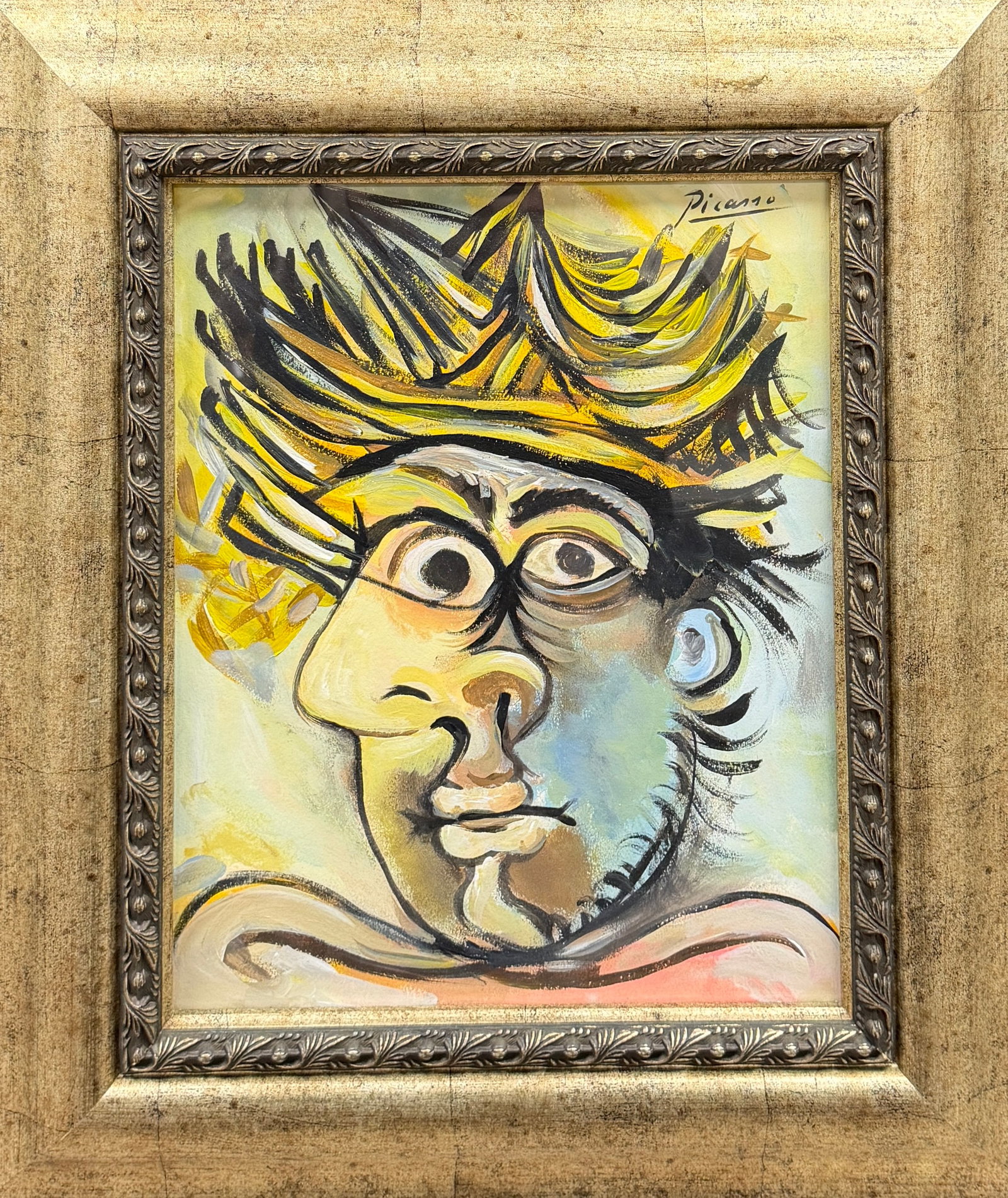 AFTER PABLO PICASSO PAINTING: ABSTRACT PORTRAIT PAINTING IN THE STYLE OF PICASSO. HAS NOT BEEN EXAMINED OUTSIDE OF FRAME. 18"X22"
