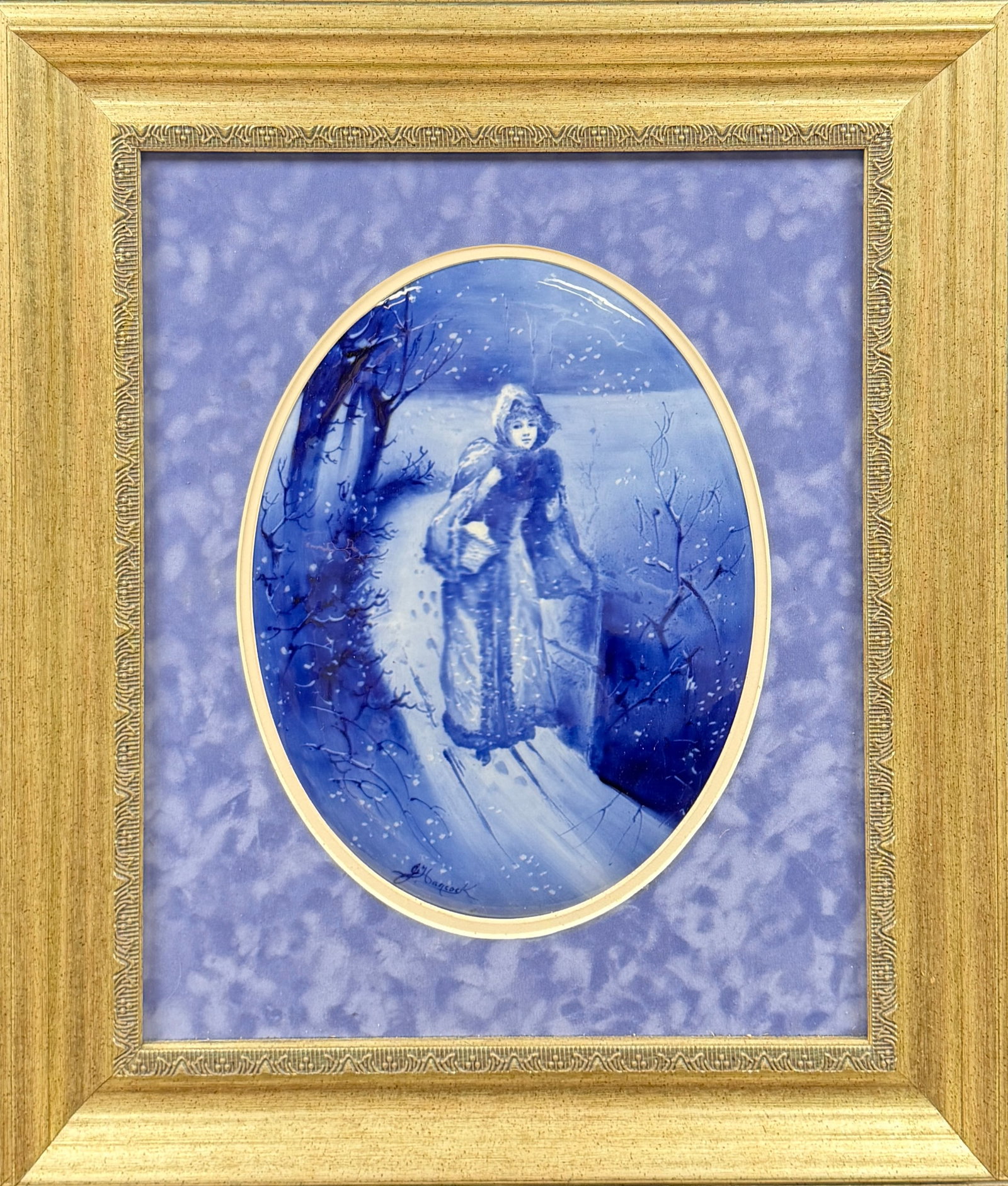DOULTON BURSLEM ENGLAND PORCELAIN PLAQUE: FROM THE BLUE CHILDREN/BABES IN THE WOODS SERIES, EARLY 20TH CENTURY. MOUNTED ON FRAME. PLAQUE, 14"X10.5". FRAMED, 20"X24"