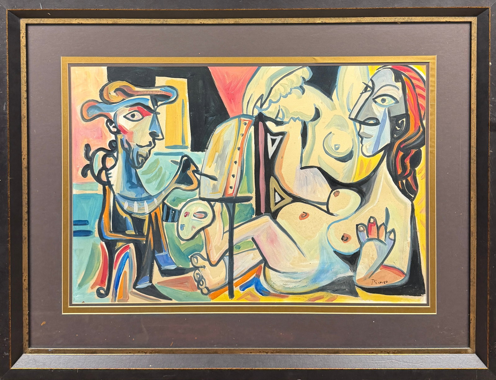 AFTER PABLO PICASSO PAINTING: ABSTRACT PORTRAIT PAINTING IN THE STYLE OF PICASSO. HAS NOT BEEN EXAMINED OUTSIDE OF FRAME. IMAGE 20"X30". FRAME 32"X43"